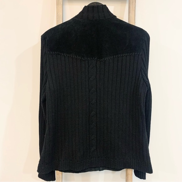 Coldwater Creek Black Suede Leather Sweater Cable Knit Zip Up Jacket Size L - Picture 8 of 13